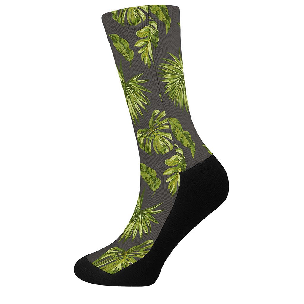 Dark Tropical Leaf Pattern Print Crew Socks