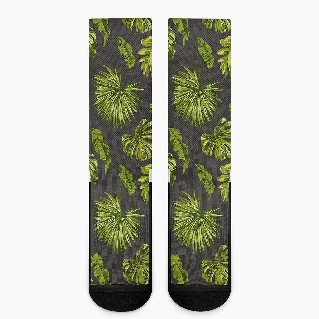 Dark Tropical Leaf Pattern Print Crew Socks