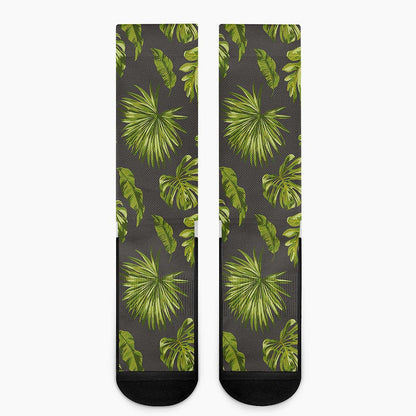 Dark Tropical Leaf Pattern Print Crew Socks