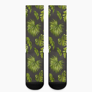 Dark Tropical Leaf Pattern Print Crew Socks