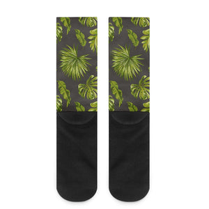 Dark Tropical Leaf Pattern Print Crew Socks