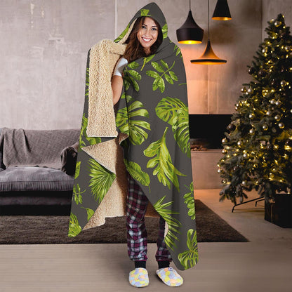 Dark Tropical Leaf Pattern Print Hooded Blanket