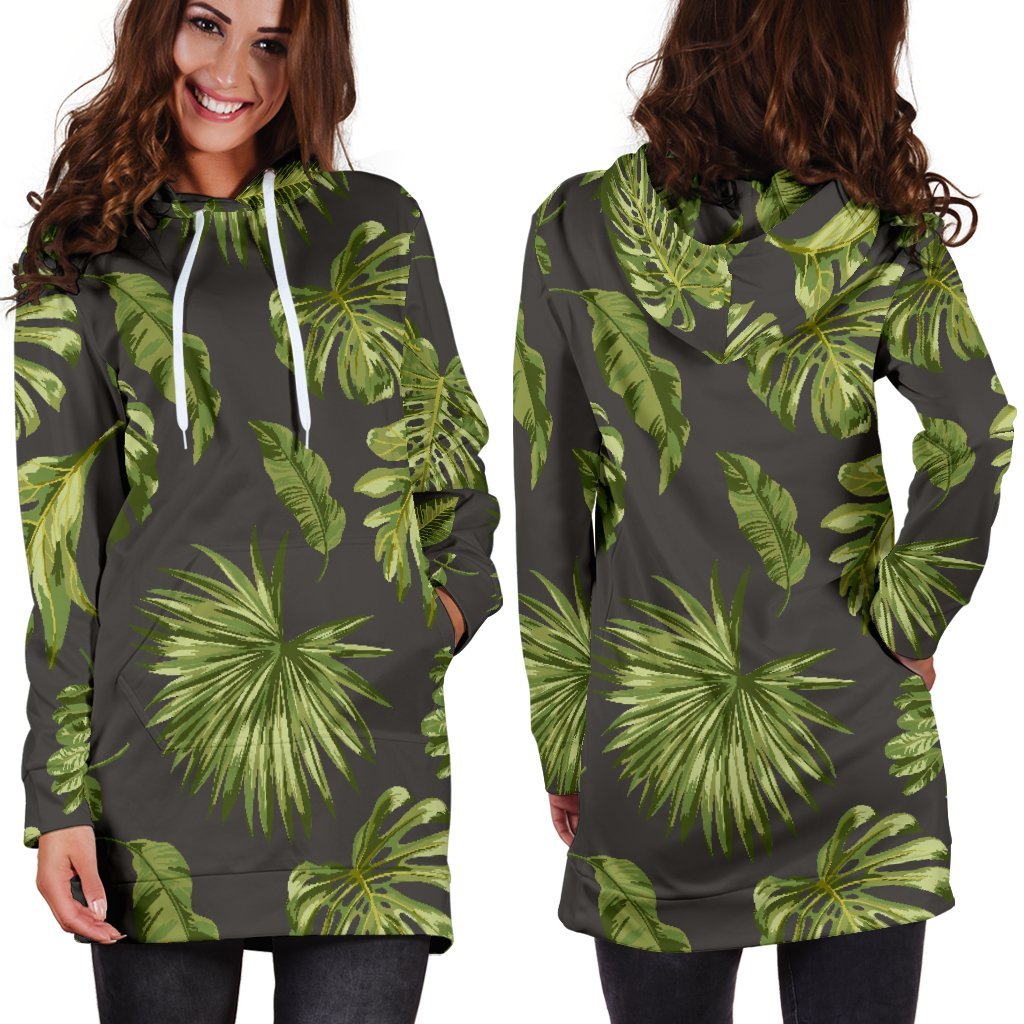 Dark Tropical Leaf Pattern Print Hoodie Dress GearFrost