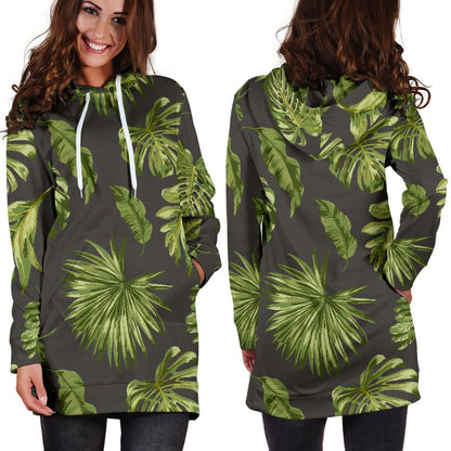 Dark Tropical Leaf Pattern Print Hoodie Dress GearFrost