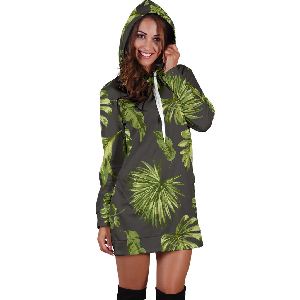 Dark Tropical Leaf Pattern Print Hoodie Dress GearFrost