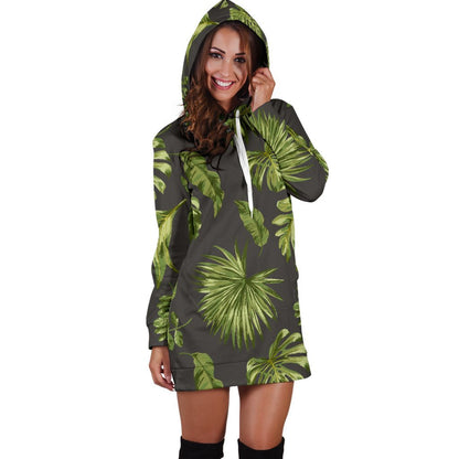 Dark Tropical Leaf Pattern Print Hoodie Dress GearFrost