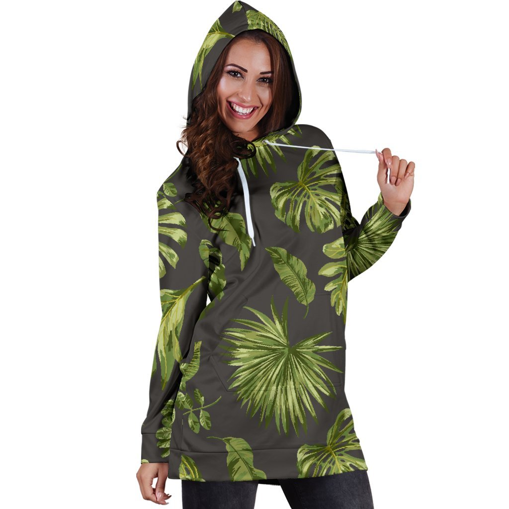 Dark Tropical Leaf Pattern Print Hoodie Dress GearFrost