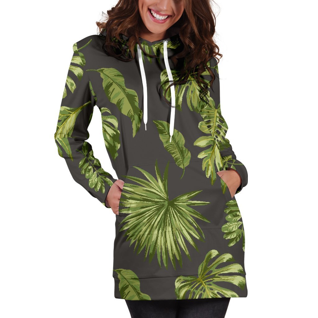 Dark Tropical Leaf Pattern Print Hoodie Dress GearFrost