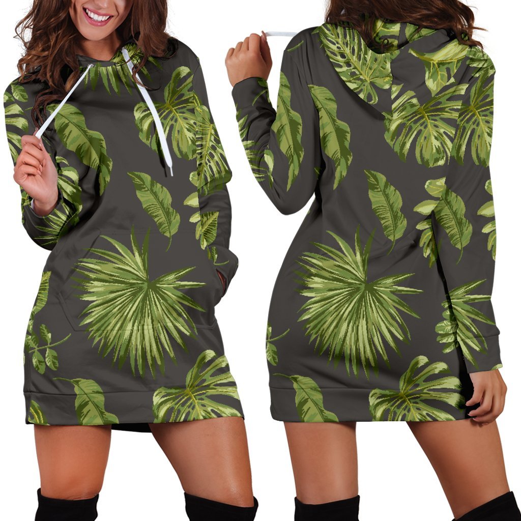 Dark Tropical Leaf Pattern Print Hoodie Dress GearFrost