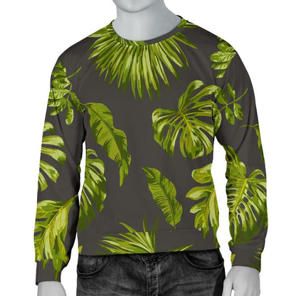 Dark Tropical Leaf Pattern Print Men's Crewneck Sweatshirt GearFrost