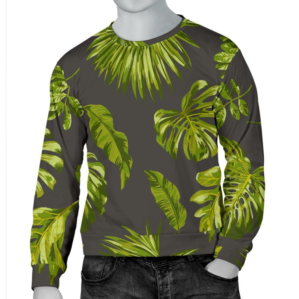 Dark Tropical Leaf Pattern Print Men's Crewneck Sweatshirt GearFrost