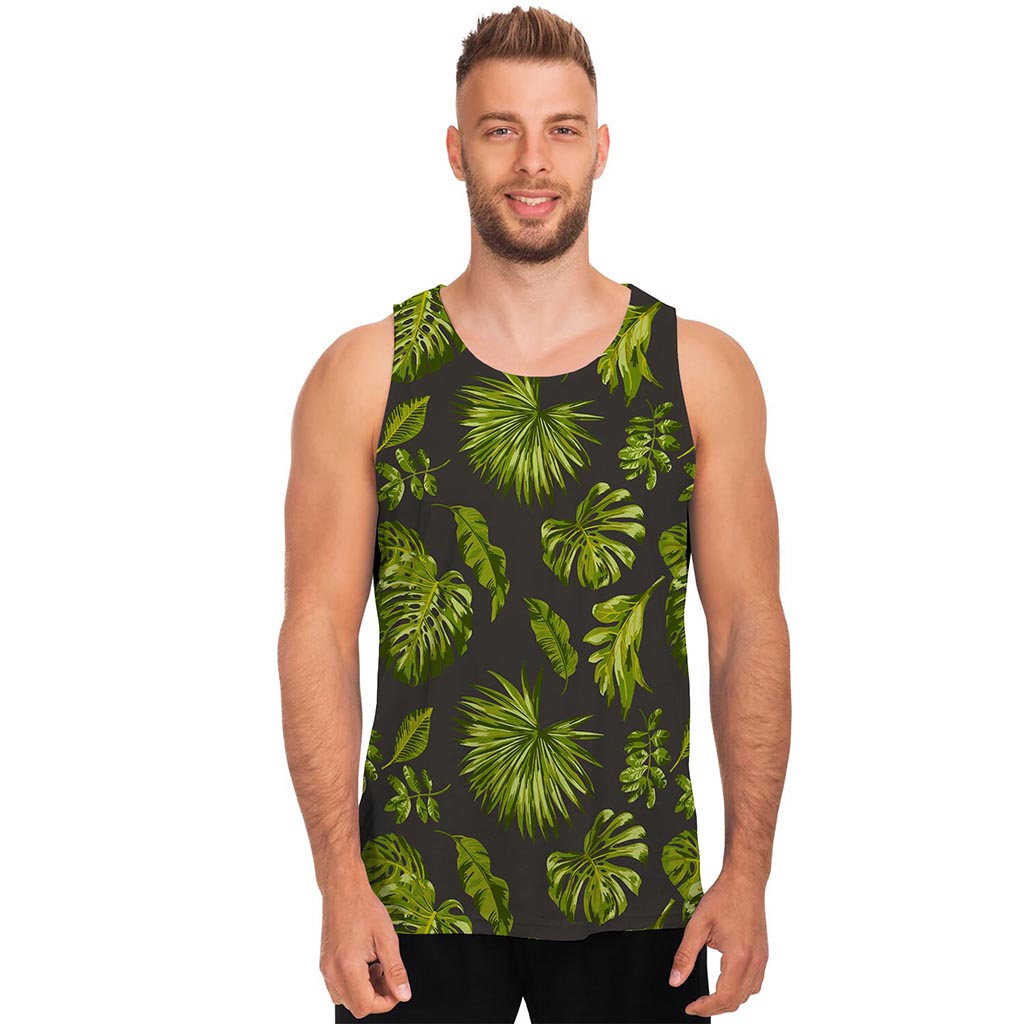 Dark Tropical Leaf Pattern Print Men's Tank Top