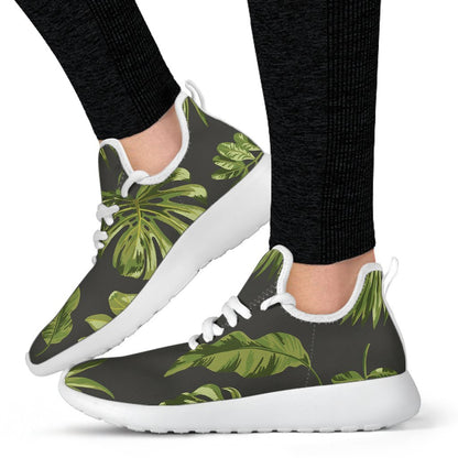 Dark Tropical Leaf Pattern Print Mesh Knit Shoes GearFrost