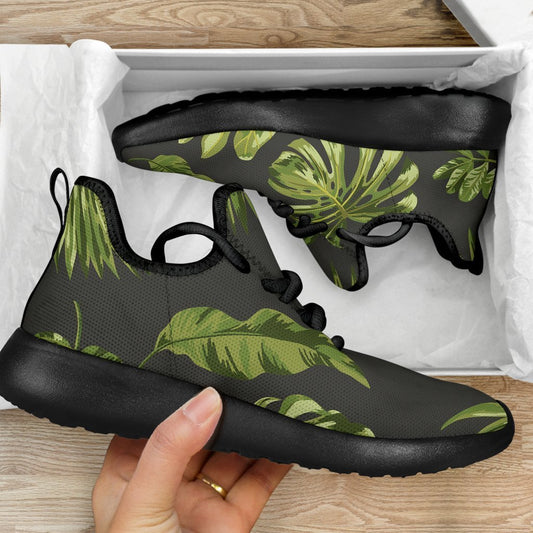 Dark Tropical Leaf Pattern Print Mesh Knit Shoes GearFrost