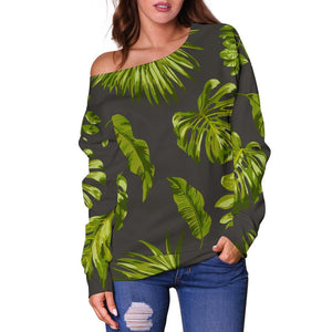 Dark Tropical Leaf Pattern Print Off Shoulder Sweatshirt GearFrost