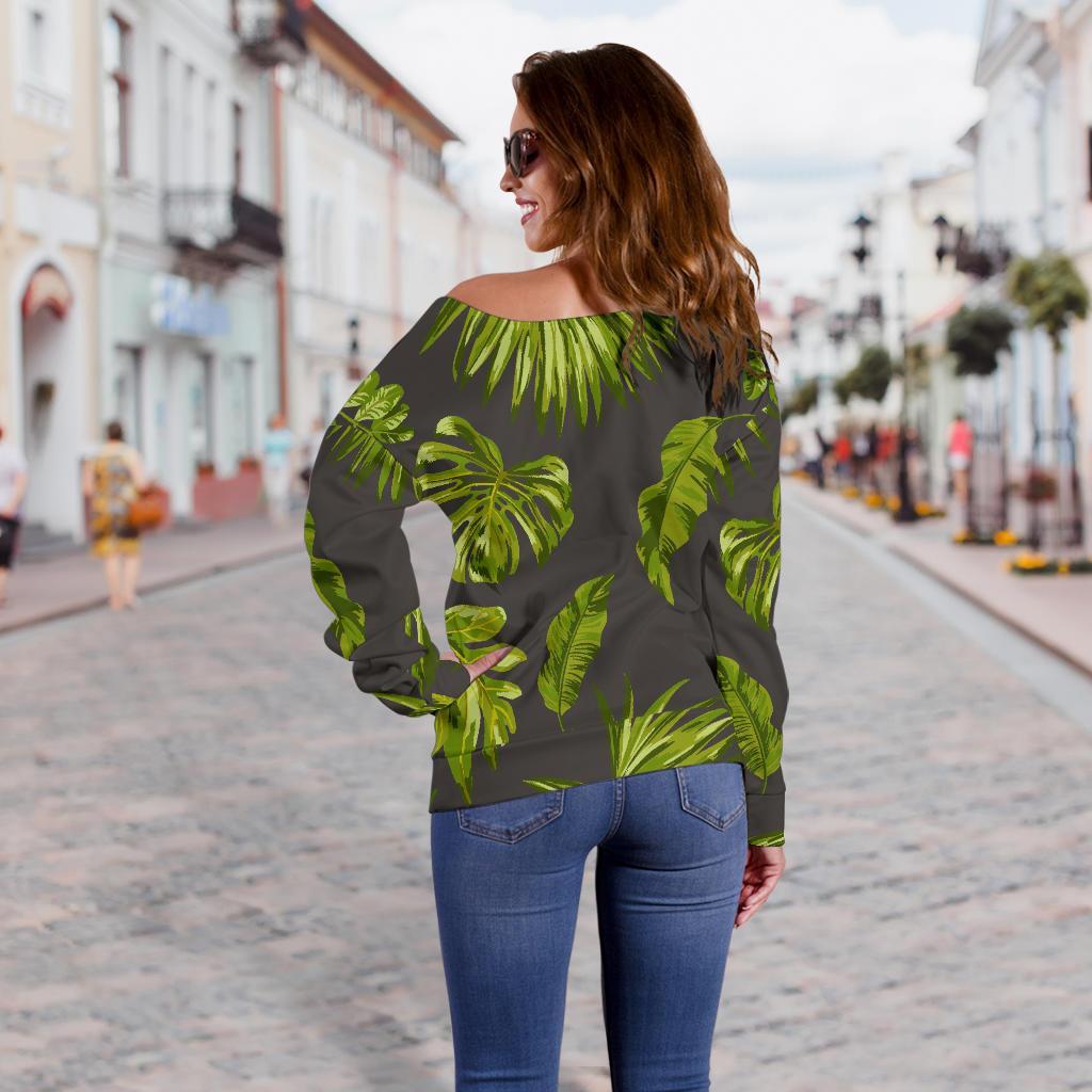 Dark Tropical Leaf Pattern Print Off Shoulder Sweatshirt GearFrost