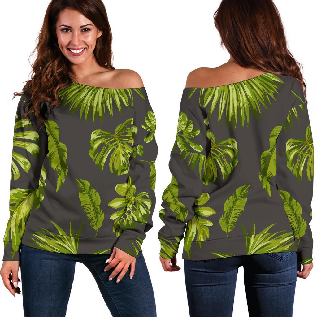 Dark Tropical Leaf Pattern Print Off Shoulder Sweatshirt GearFrost