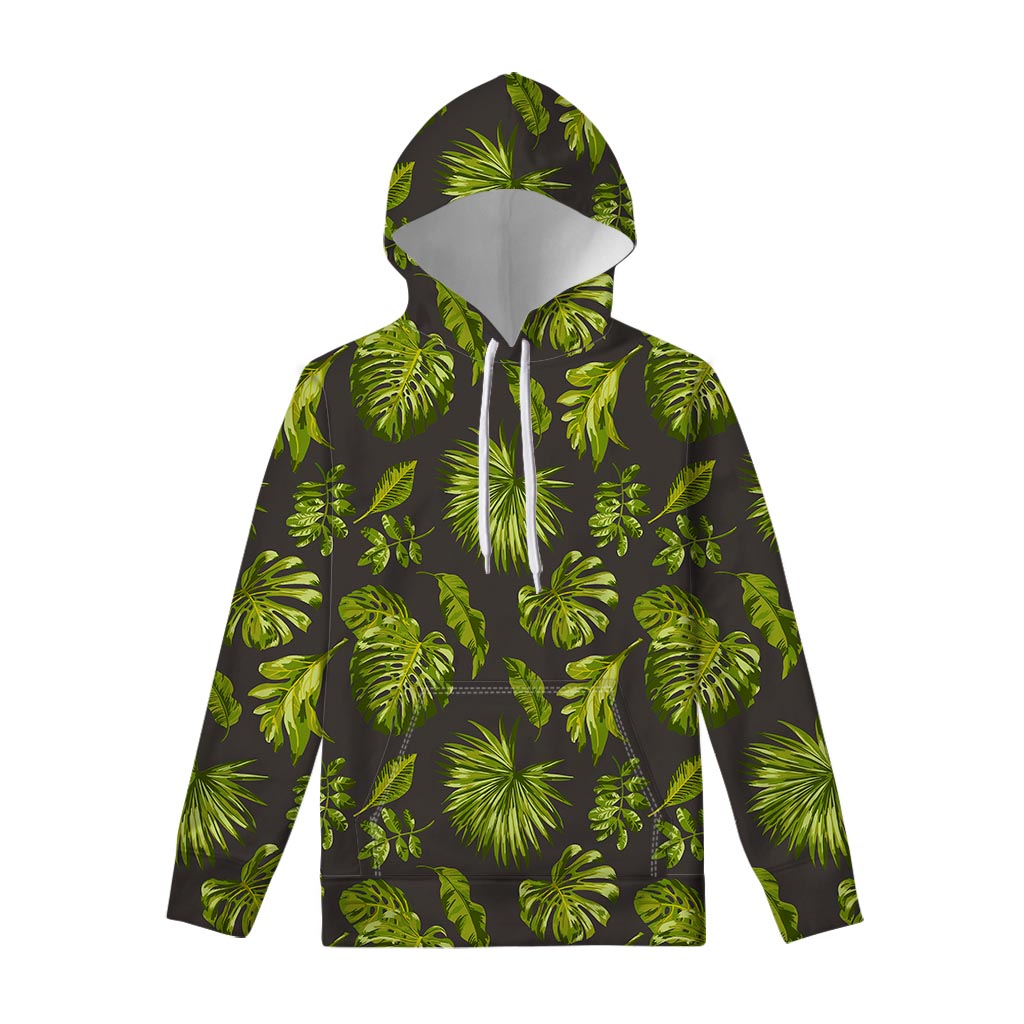 Dark Tropical Leaf Pattern Print Pullover Hoodie