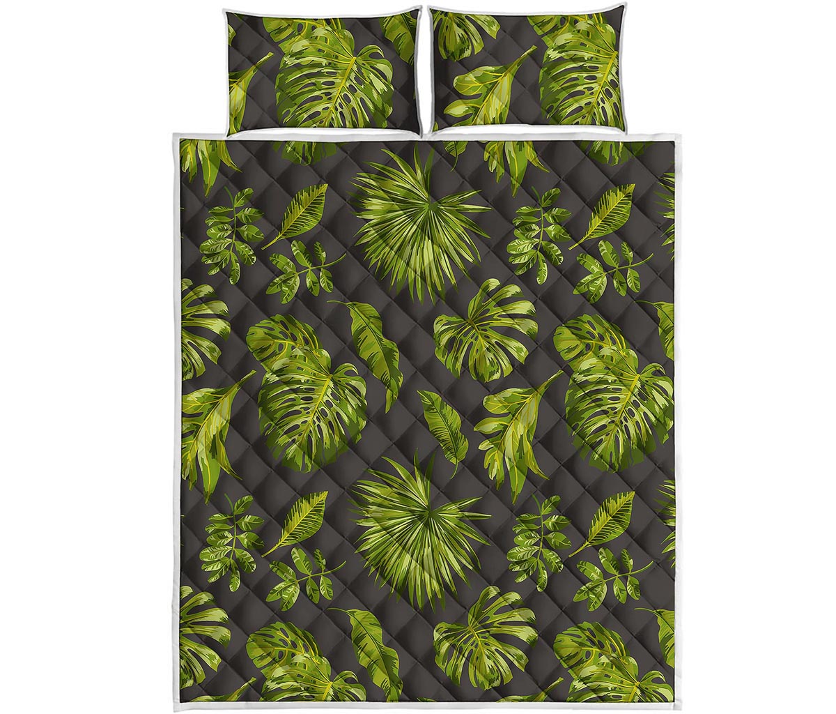 Dark Tropical Leaf Pattern Print Quilt Bed Set