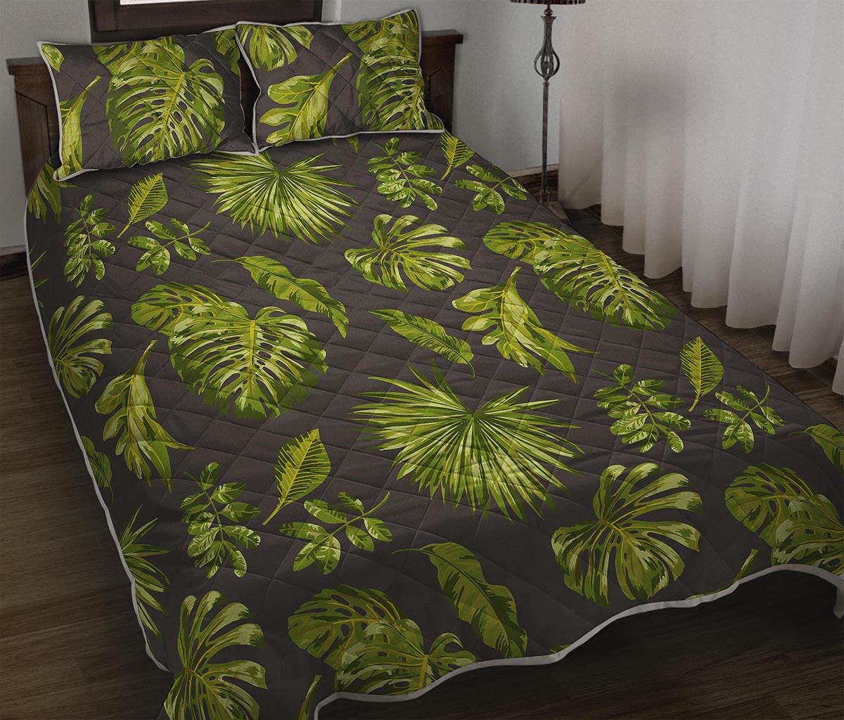 Dark Tropical Leaf Pattern Print Quilt Bed Set