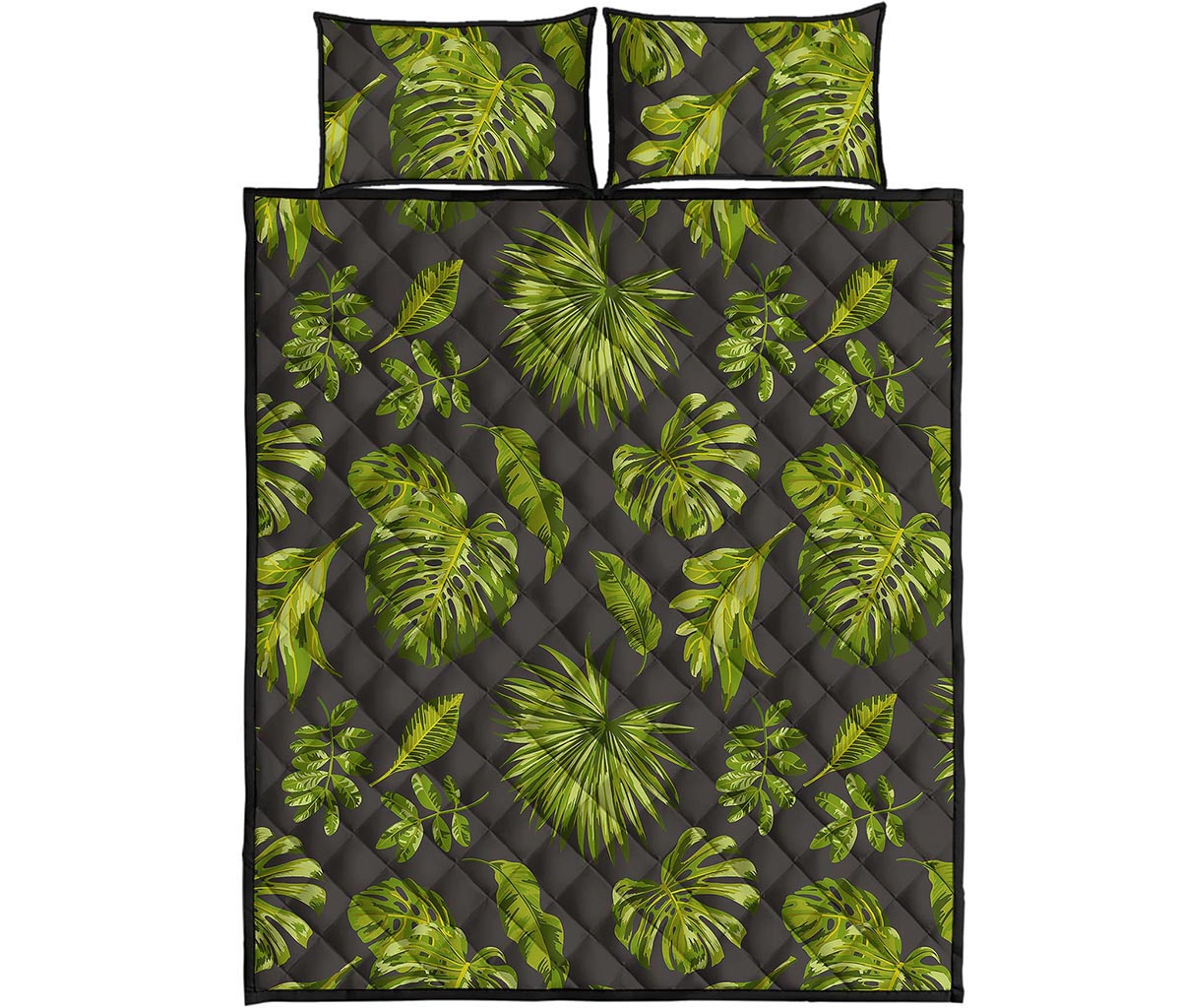 Dark Tropical Leaf Pattern Print Quilt Bed Set