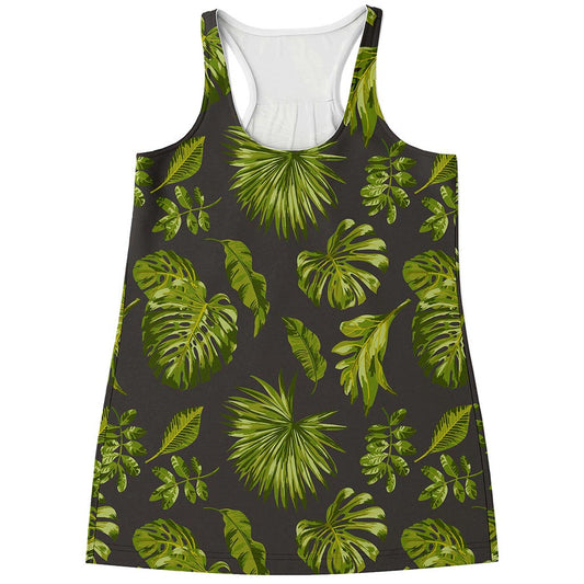 Dark Tropical Leaf Pattern Print Women's Racerback Tank Top