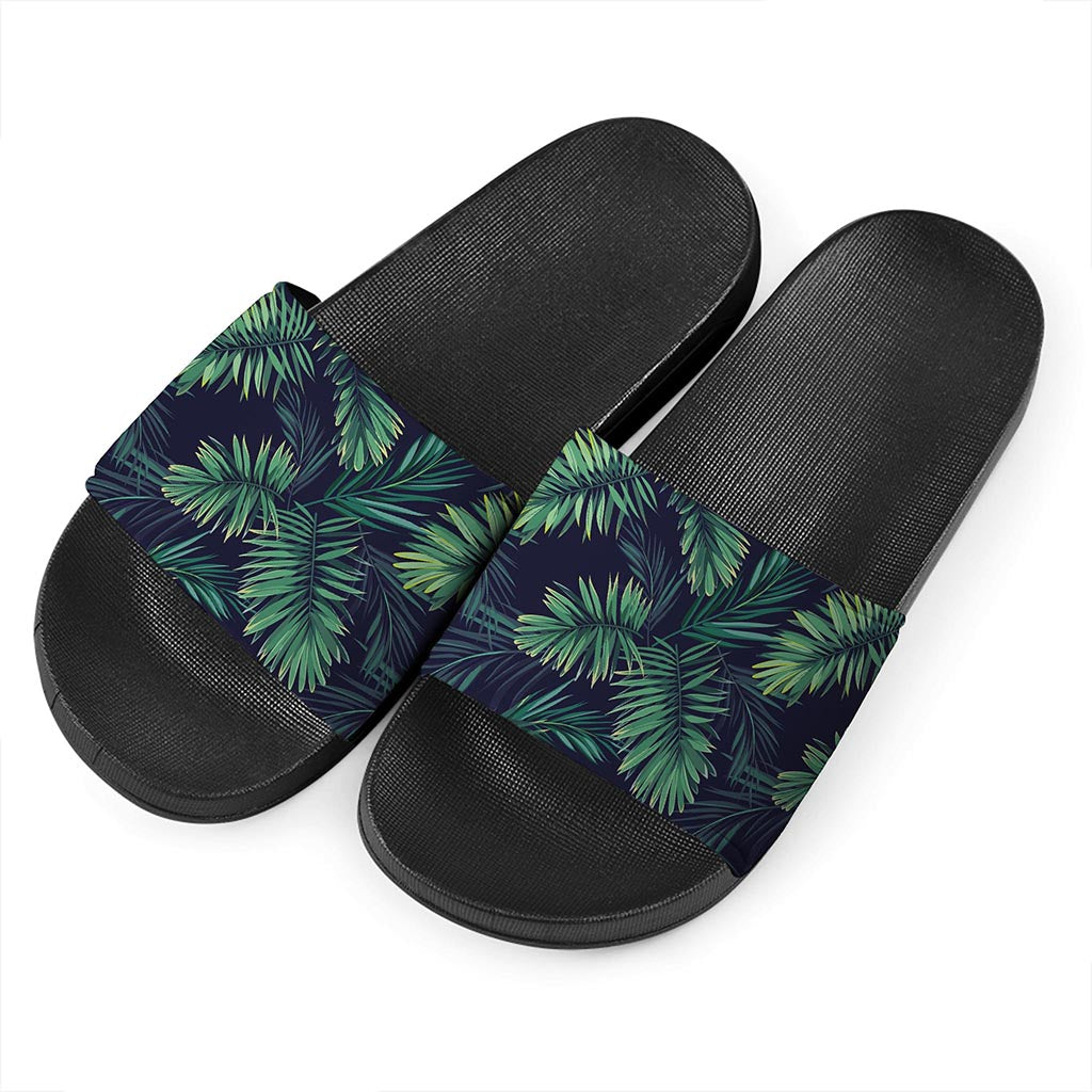 Dark Tropical Palm Leaf Pattern Print Black Slide Sandals