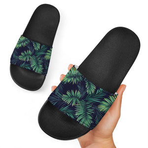 Dark Tropical Palm Leaf Pattern Print Black Slide Sandals