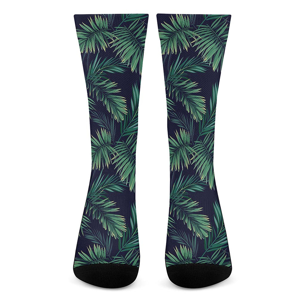 Dark Tropical Palm Leaf Pattern Print Crew Socks