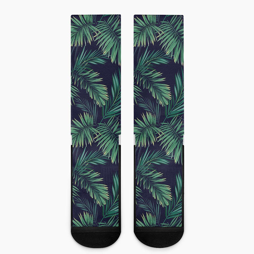 Dark Tropical Palm Leaf Pattern Print Crew Socks