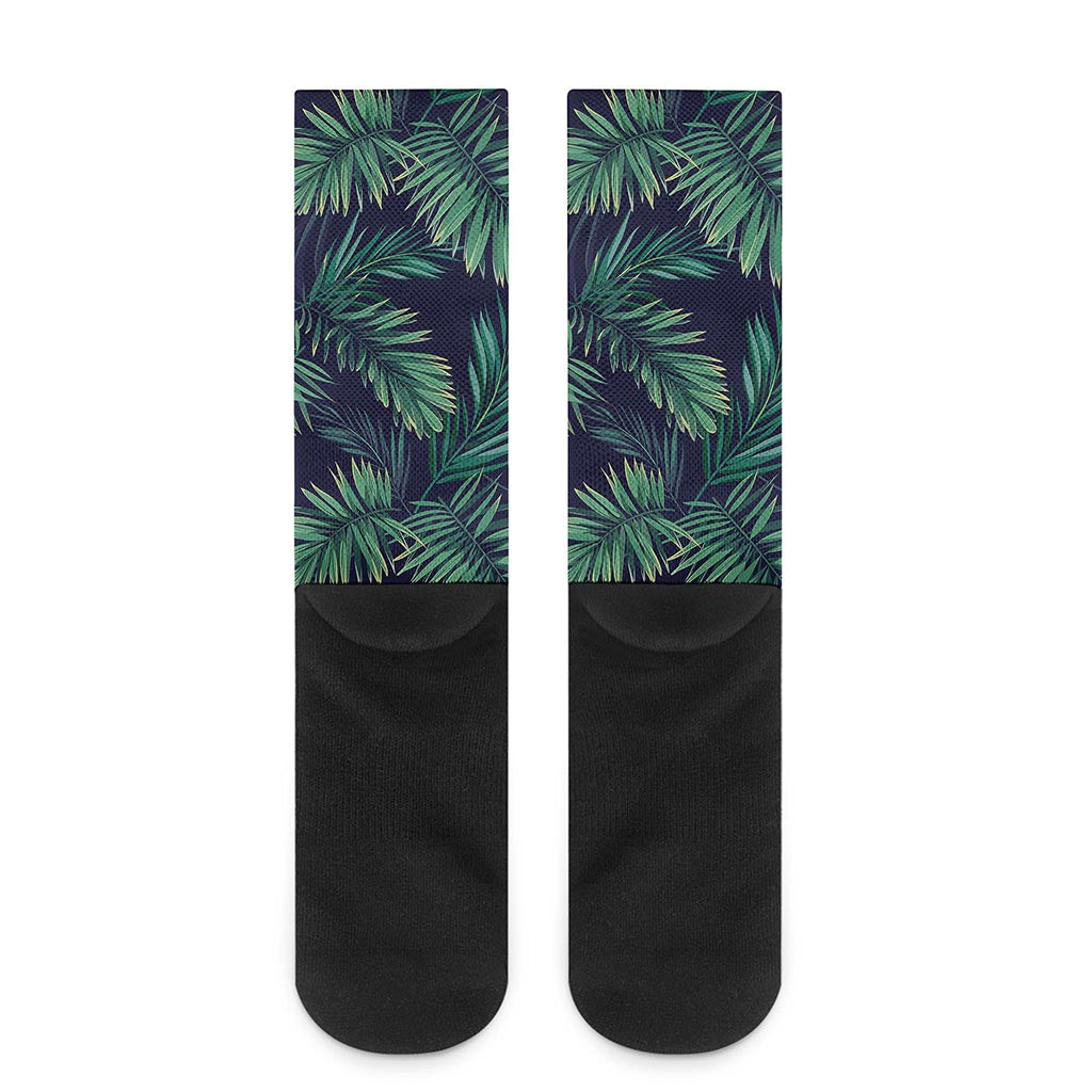 Dark Tropical Palm Leaf Pattern Print Crew Socks