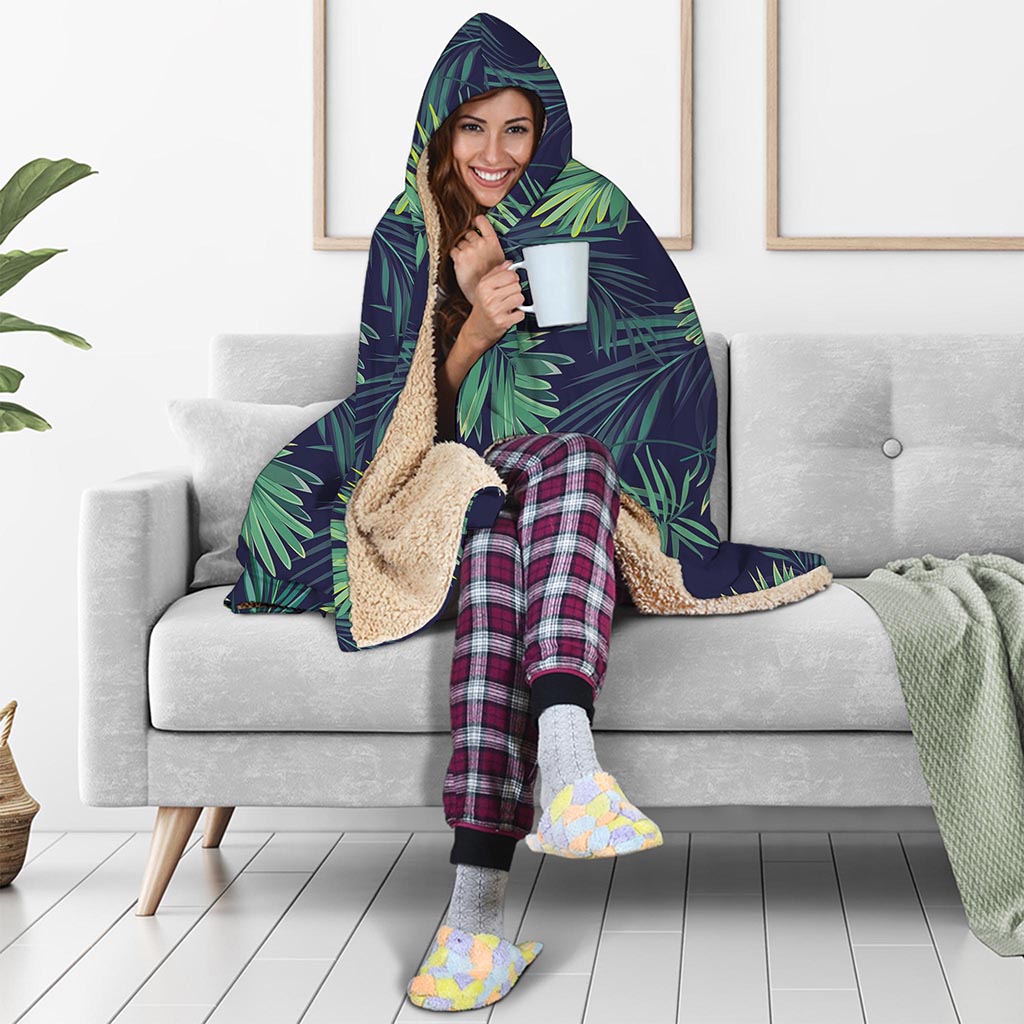 Dark Tropical Palm Leaf Pattern Print Hooded Blanket