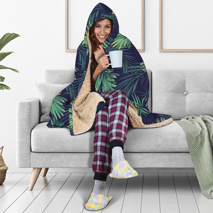 Dark Tropical Palm Leaf Pattern Print Hooded Blanket