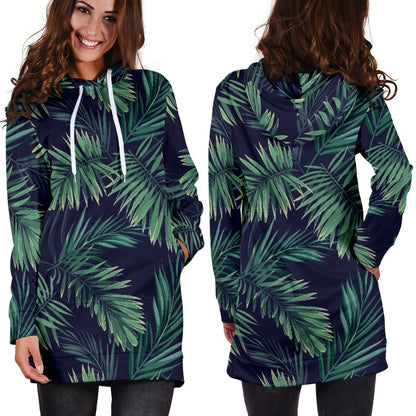 Dark Tropical Palm Leaf Pattern Print Hoodie Dress GearFrost