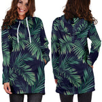 Dark Tropical Palm Leaf Pattern Print Hoodie Dress GearFrost