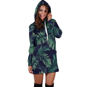 Dark Tropical Palm Leaf Pattern Print Hoodie Dress GearFrost