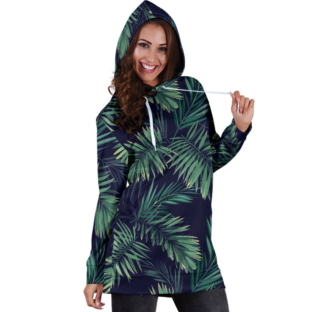 Dark Tropical Palm Leaf Pattern Print Hoodie Dress GearFrost