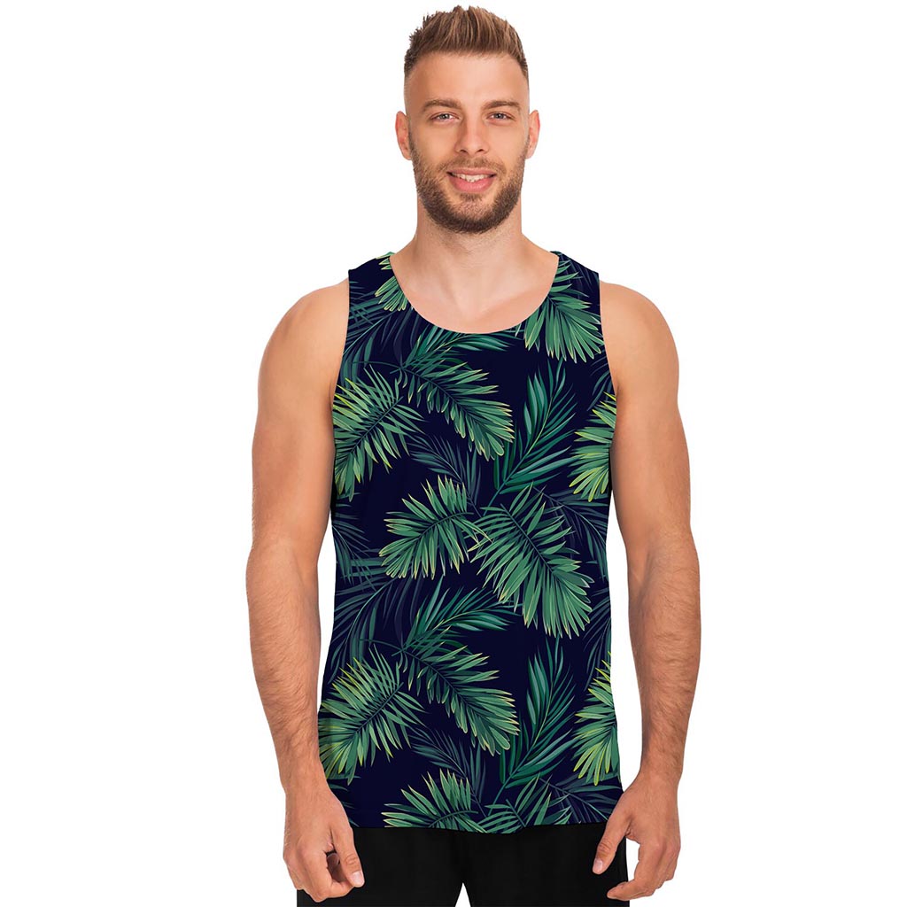 Dark Tropical Palm Leaf Pattern Print Men's Tank Top
