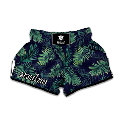 Dark Tropical Palm Leaf Pattern Print Muay Thai Boxing Shorts
