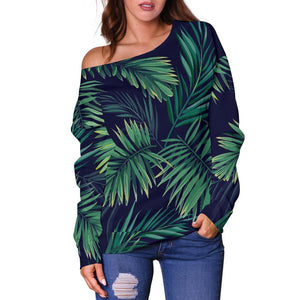 Dark Tropical Palm Leaf Pattern Print Off Shoulder Sweatshirt GearFrost