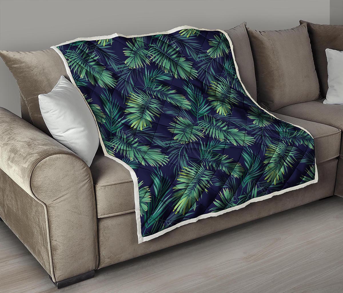 Dark Tropical Palm Leaf Pattern Print Quilt