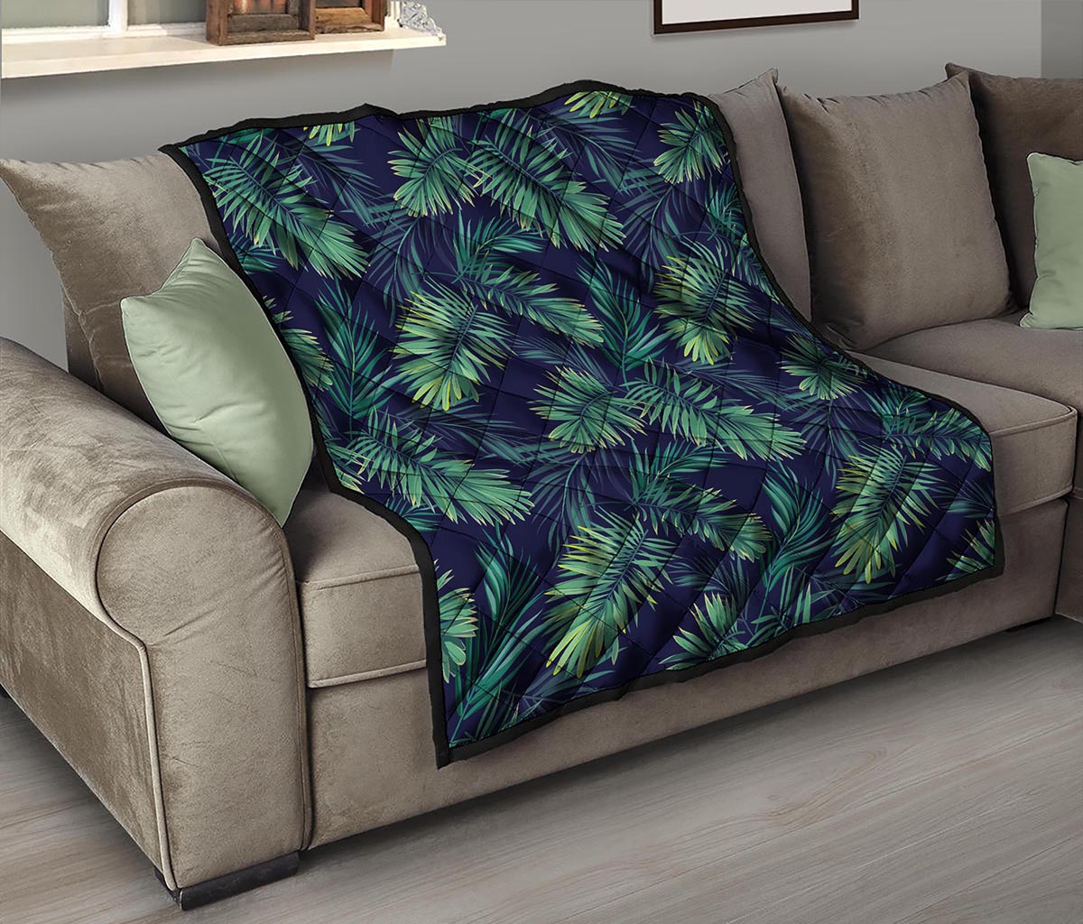 Dark Tropical Palm Leaf Pattern Print Quilt