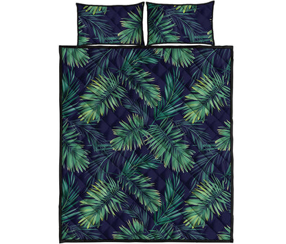 Dark Tropical Palm Leaf Pattern Print Quilt Bed Set
