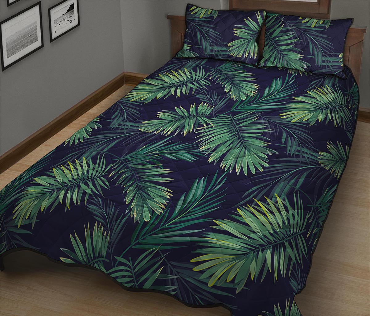 Dark Tropical Palm Leaf Pattern Print Quilt Bed Set