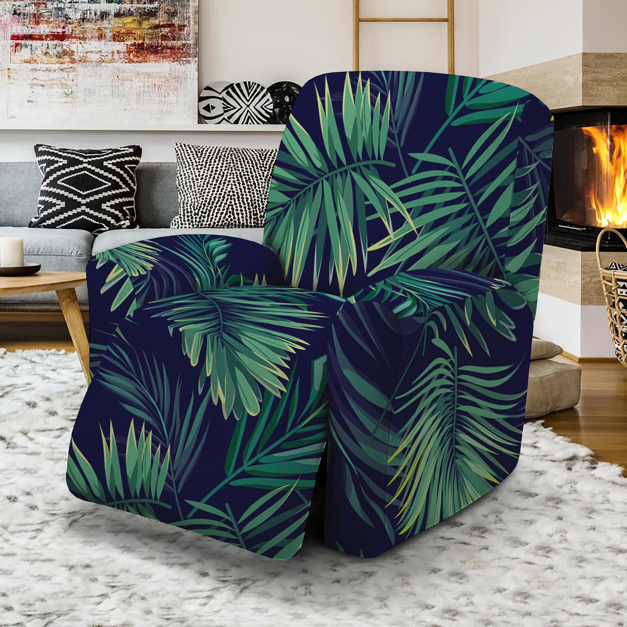 Dark Tropical Palm Leaf Pattern Print Recliner Slipcover