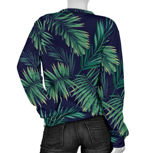 Dark Tropical Palm Leaf Pattern Print Women's Crewneck Sweatshirt GearFrost