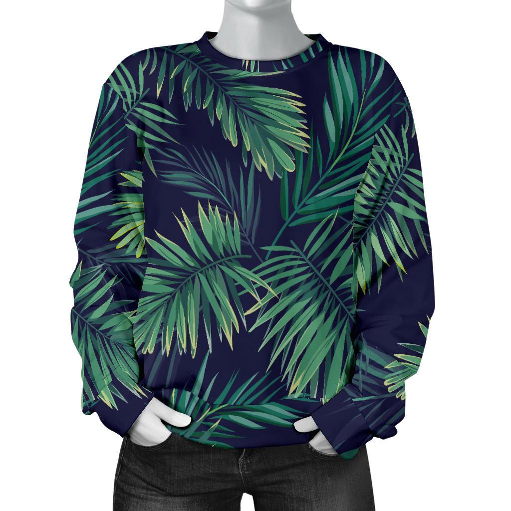 Dark Tropical Palm Leaf Pattern Print Women's Crewneck Sweatshirt GearFrost