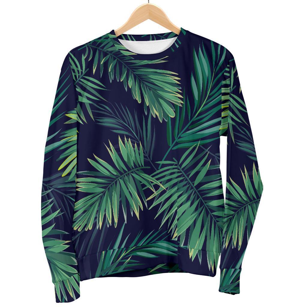 Dark Tropical Palm Leaf Pattern Print Women's Crewneck Sweatshirt GearFrost