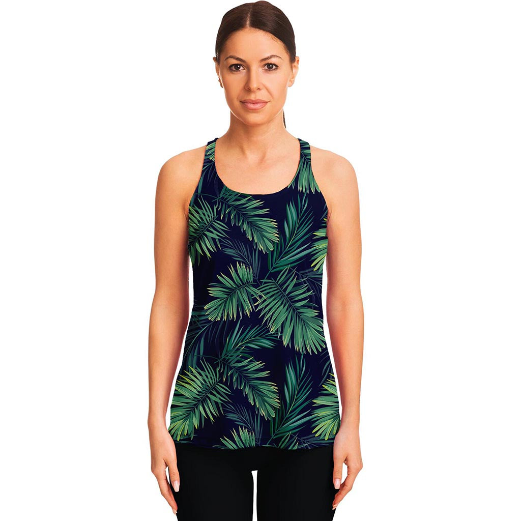 Dark Tropical Palm Leaf Pattern Print Women's Racerback Tank Top