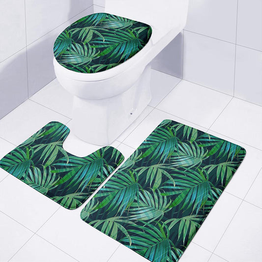 Dark Tropical Palm Leaves Pattern Print 3 Piece Bath Mat Set